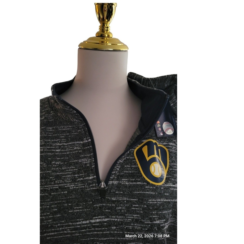 Majestic Milwaukee Brewers MLB Quarter Zip Pullover Shirt Grey Mens Large New - Picture 4 of 6